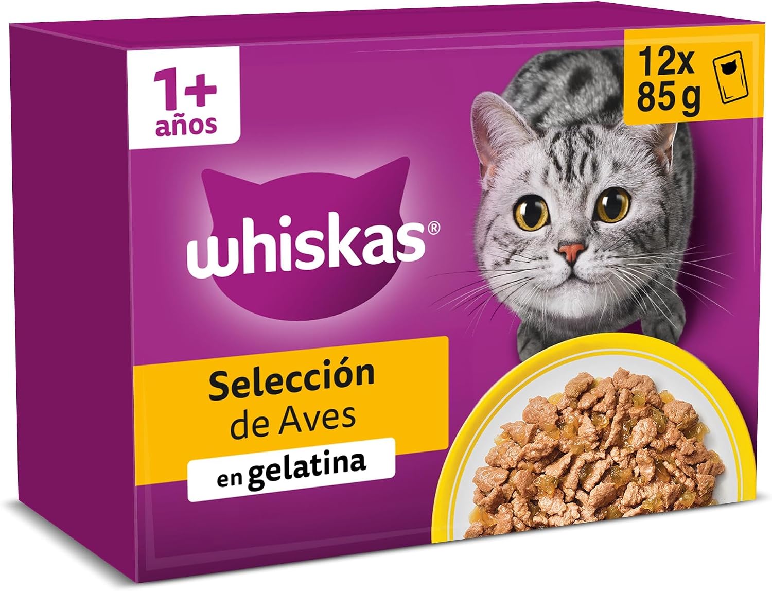 WHISKAS Comida húmeda en gelatina Gatos Adultos Selección de Aves - 4 x 12
