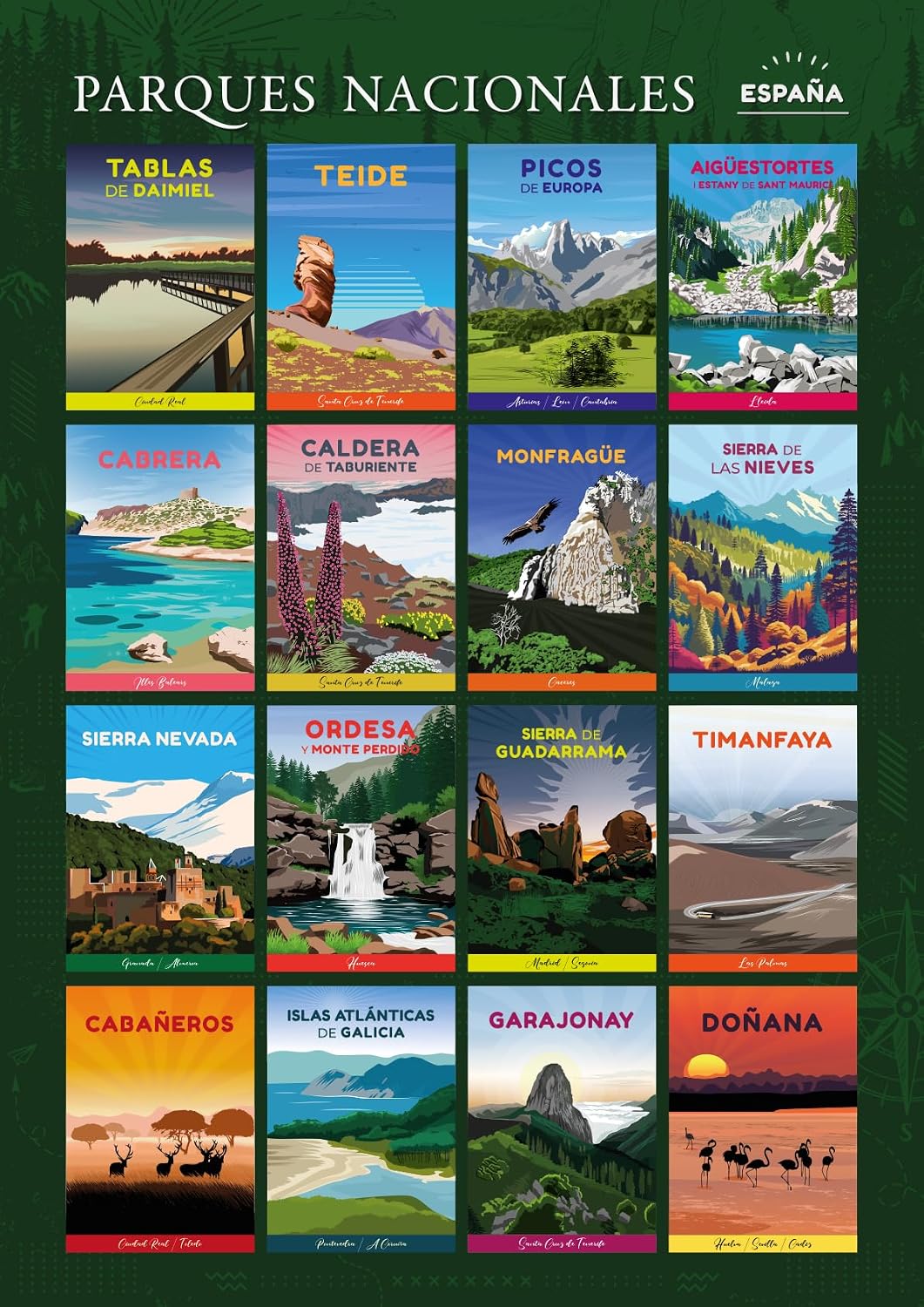 METACREART Lamina de los16 Parques Nacionales de España. Póster decorativo