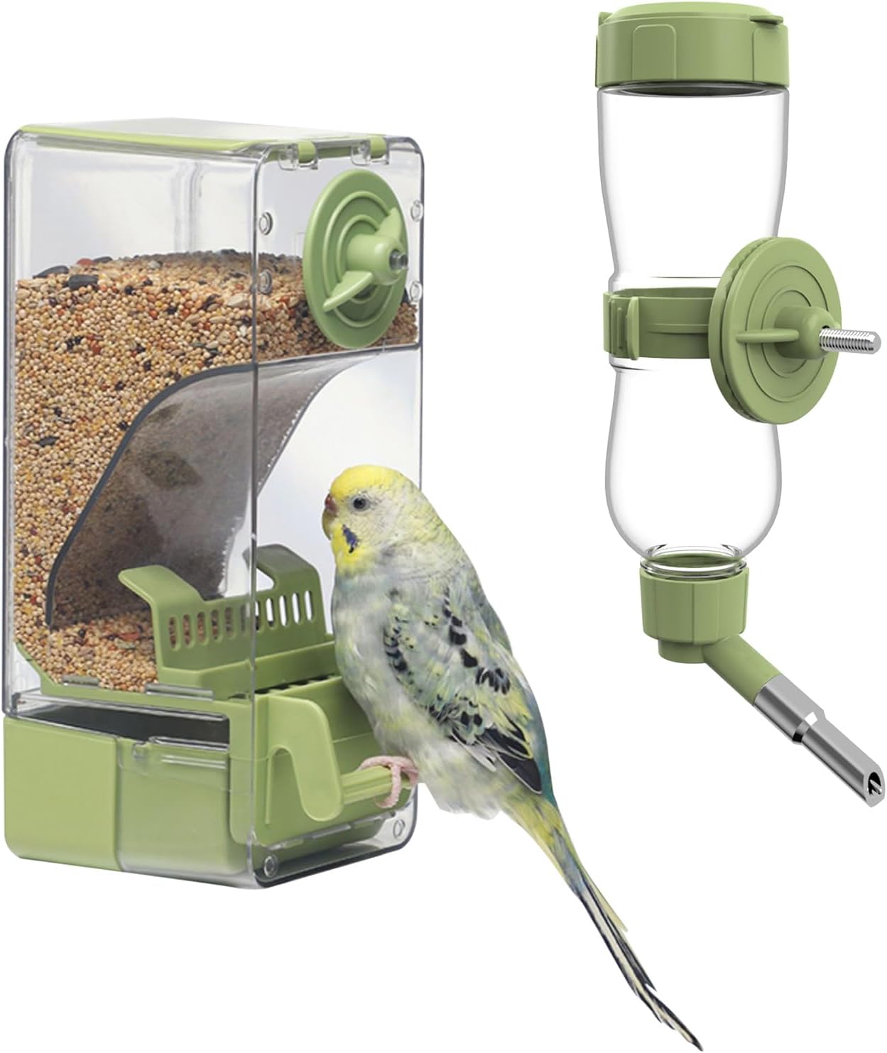 Juego de Bebedero y Comedero para Pájaros, Alimentador Automático con Percha