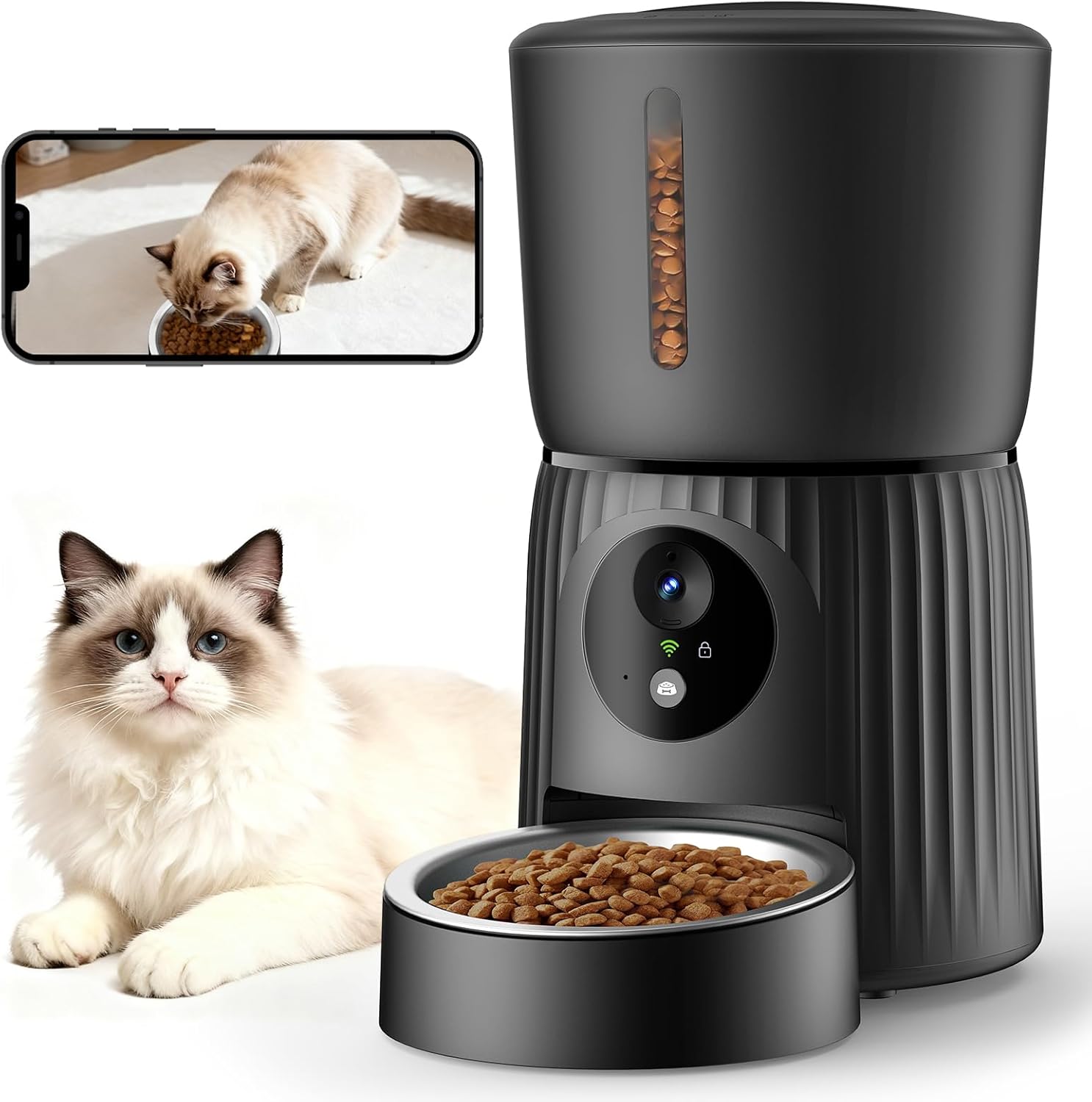 Faroro Comedero Gato Automático WiFi, 1080P HD Cámara con Visión Nocturna, 4L